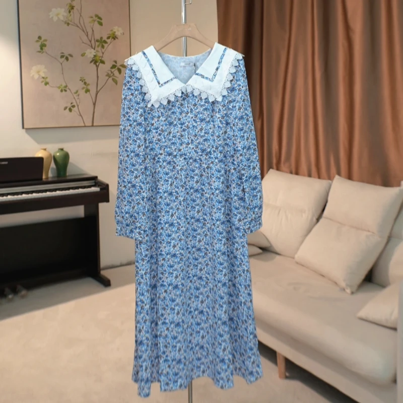 G381 时尚蕾丝边海军领长款碎花连衣裙女 408A53