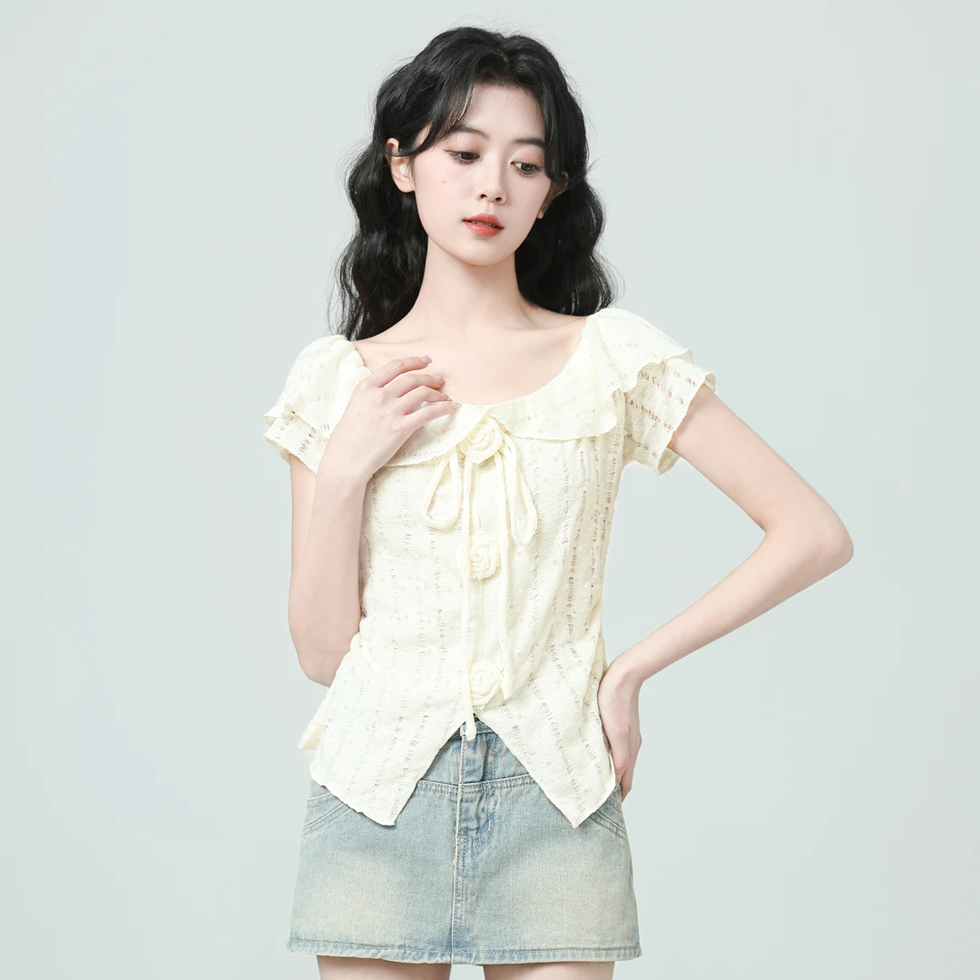 法式荷叶边短袖T恤女2025夏季新款立体花朵一字肩露肩体恤短上衣