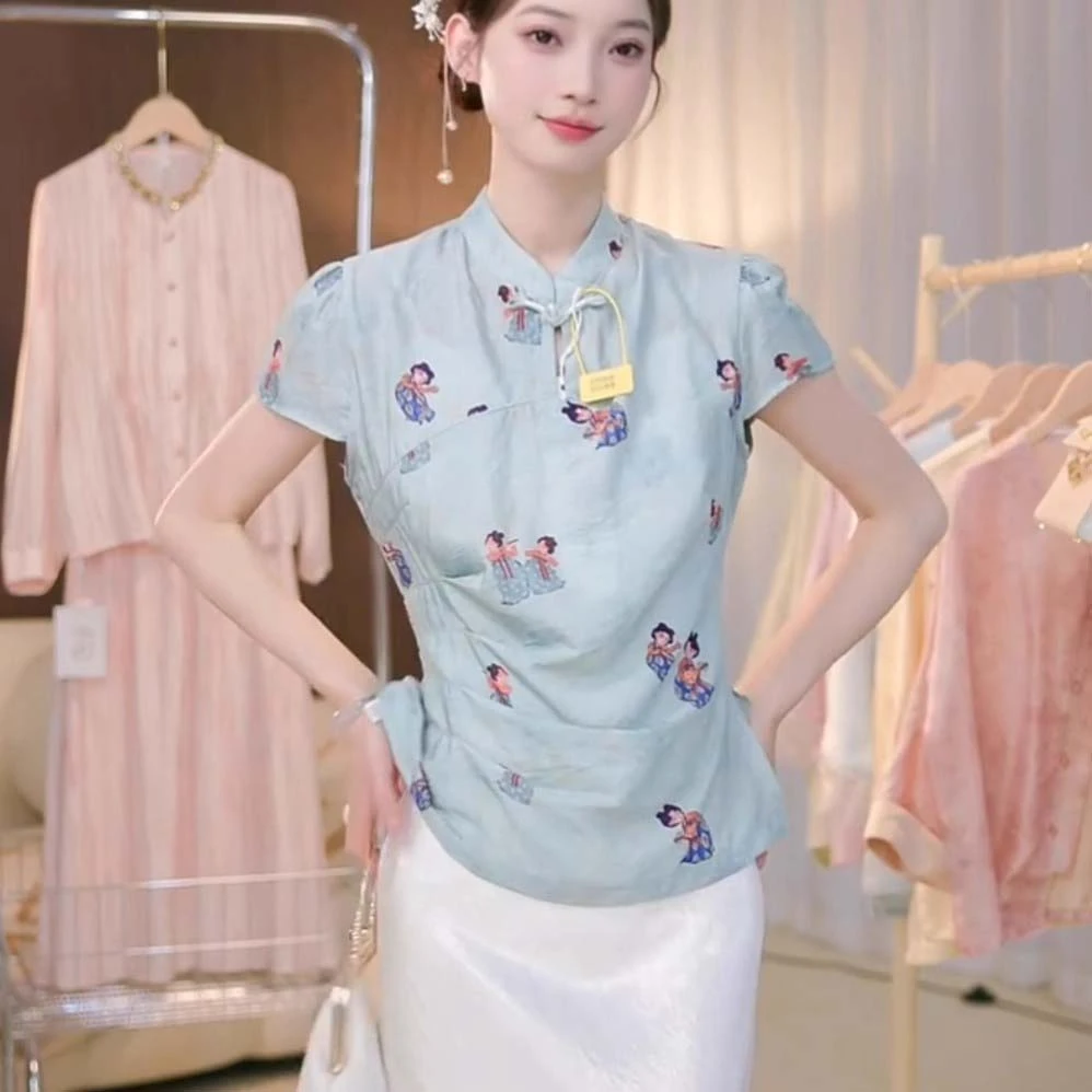 【素夕】【两件套】清冷感国风小唐人立领短袖收腰女半身裙套装D2989