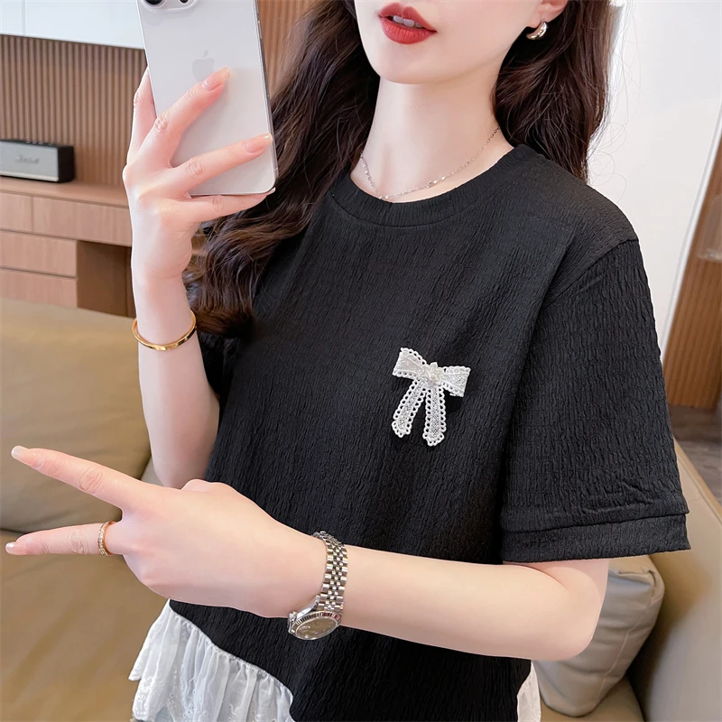 大码女装芭蕾风蕾丝拼接正肩短袖T恤女夏季胖MM显瘦遮肚子打底衫