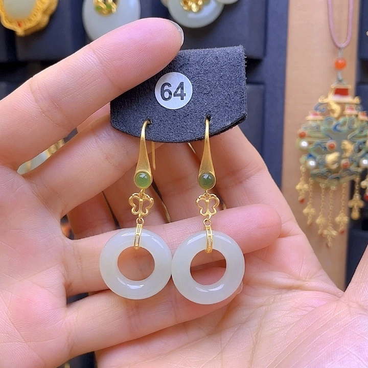 银S925镀金镶嵌和田玉耳饰