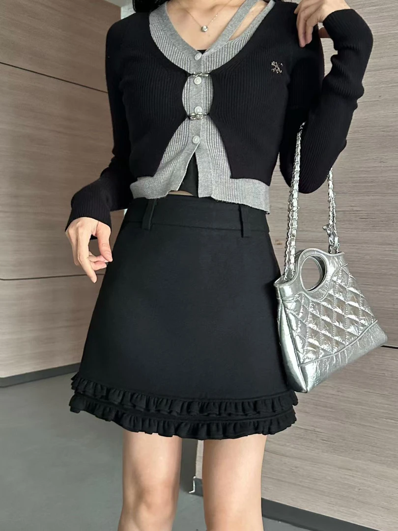 【南油阿米】新款木耳边加厚蛋糕毛呢短裙