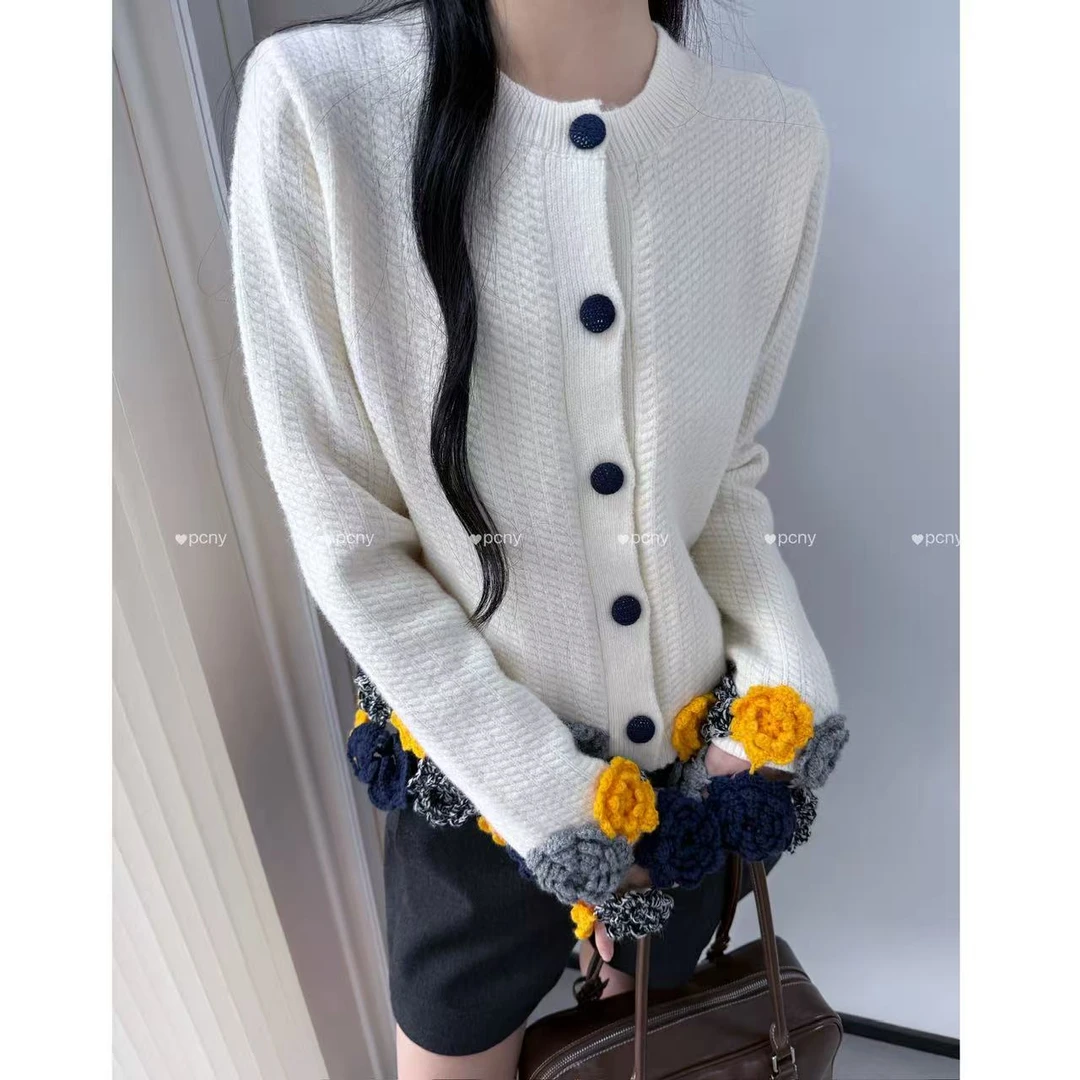 PCNY不理理“漫花镶边”手工立体花朵设计感复古毛衣长袖针织开衫