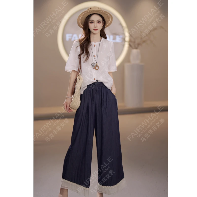 马克华菲舒适简约纯色百搭气质圆领女短袖单排扣刺绣衬衫上衣休闲