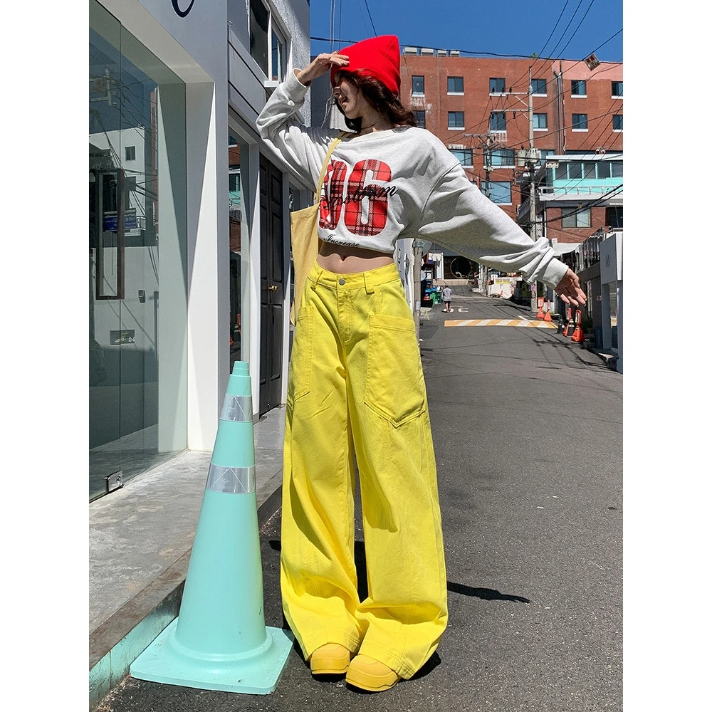 琉璃黄牛仔裤女春季新款高腰设计感时尚宽松阔腿裤显瘦休闲直筒裤