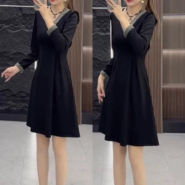 时尚气质连衣裙女2025秋季新款长袖收腰洋气黑色显瘦连衣裙69122