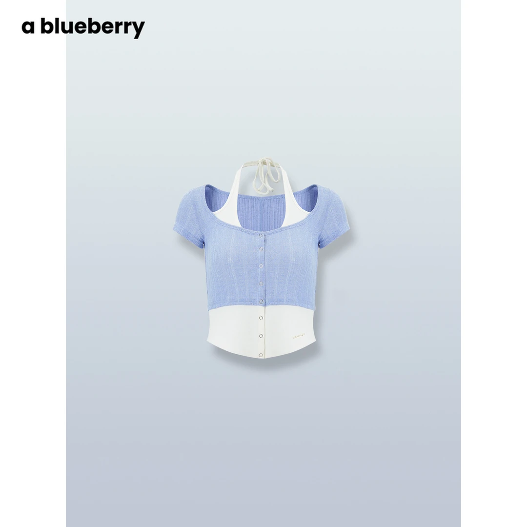ablueberry韩版辣妹挂脖假两件短袖BL1203542
