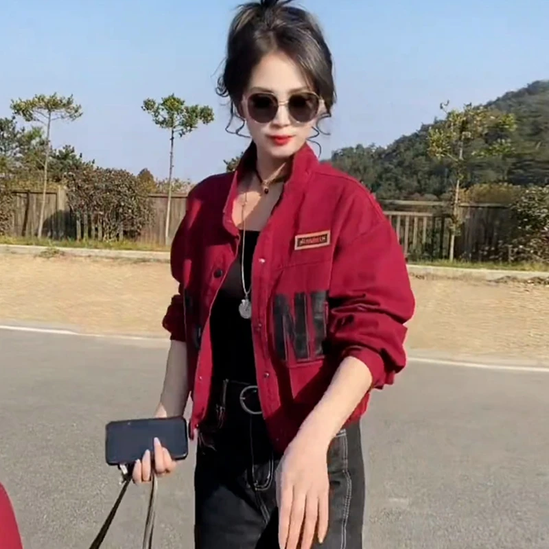 2025时尚妈妈牛仔外套女宽松百搭夹克印花短外套春秋休闲百搭