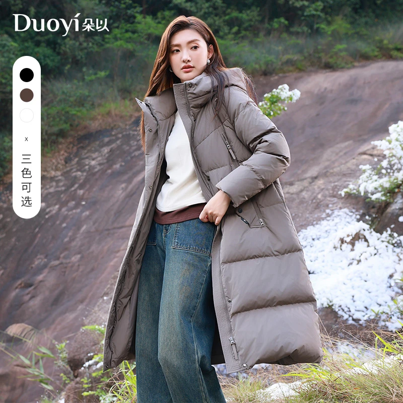 朵以2025秋冬中长款连帽大口袋时髦百搭保暖中长羽绒服39DD930102