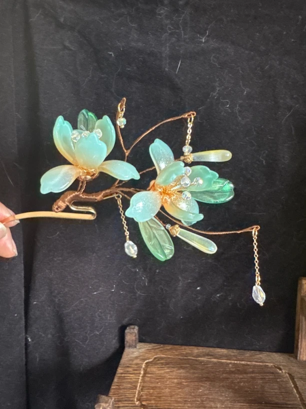 大雪莲发簪步摇发簪子仙气复古发饰头饰古风盆景手工diy琉璃花瓣