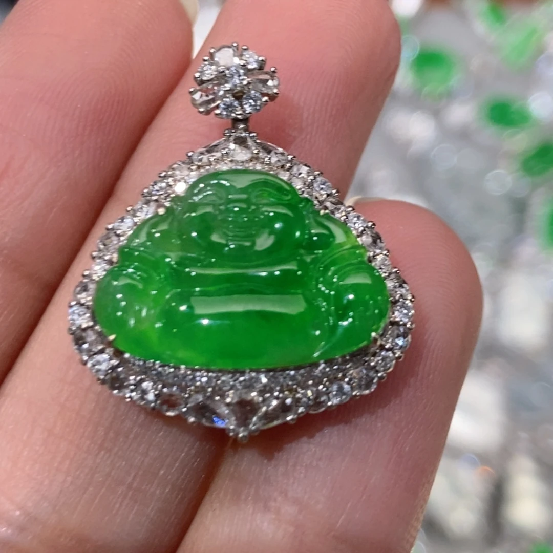翡翠18K金镶嵌吊坠(不含链)天然缅甸A货翡翠