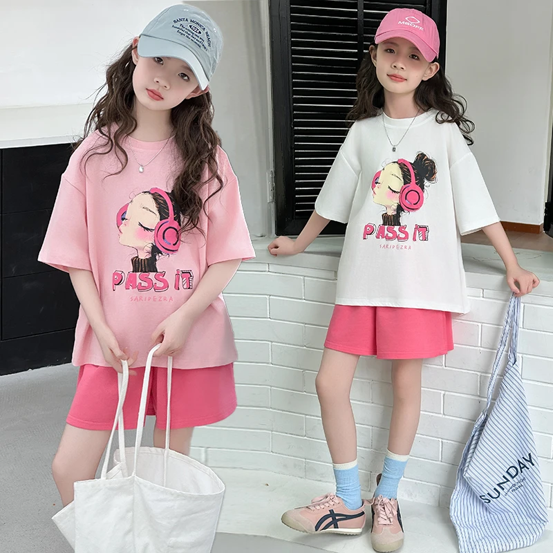 女童短袖套装夏季薄款儿童休闲两件套2025新款中大童耳机女孩夏装