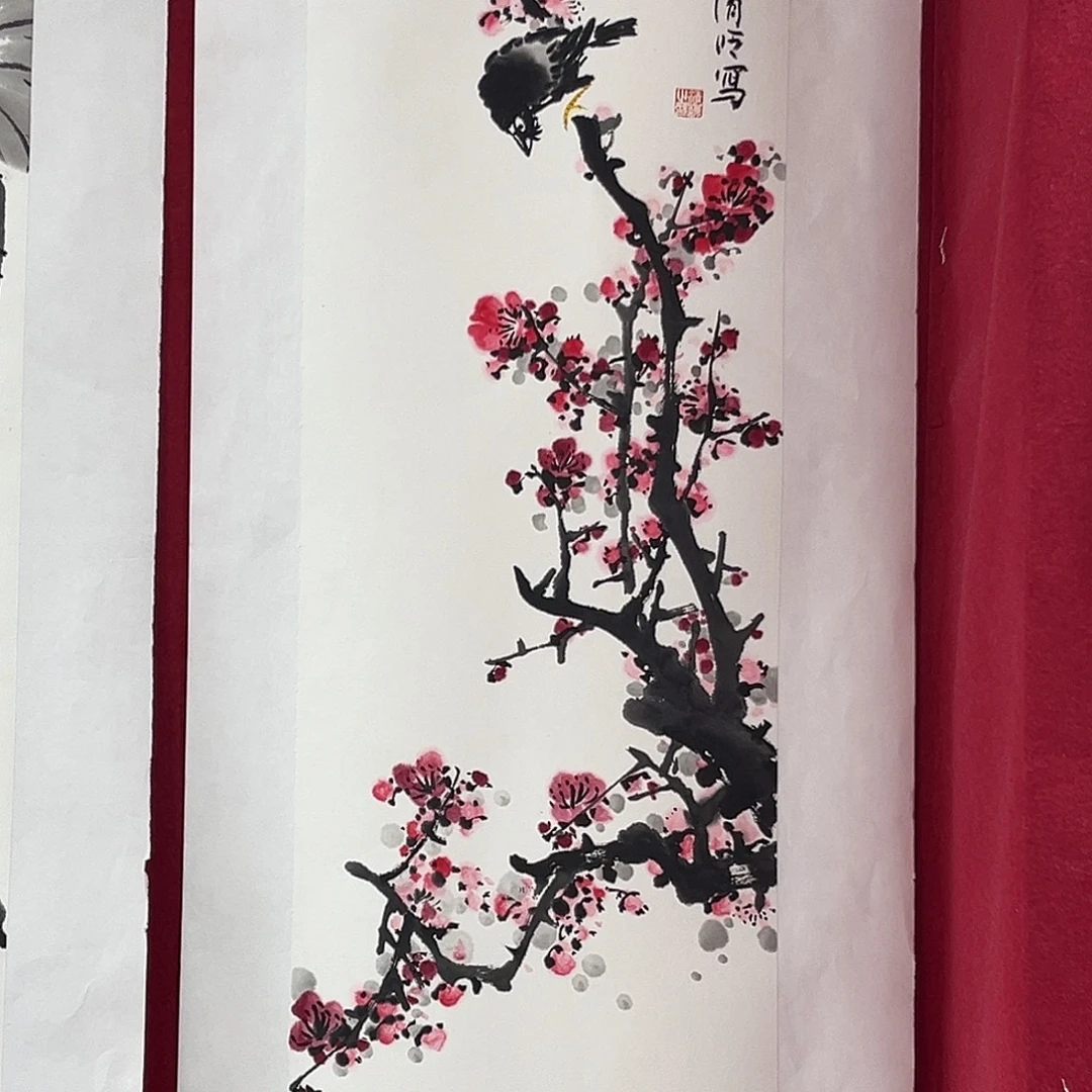 国画任青岭老师三尺对开花鸟奇