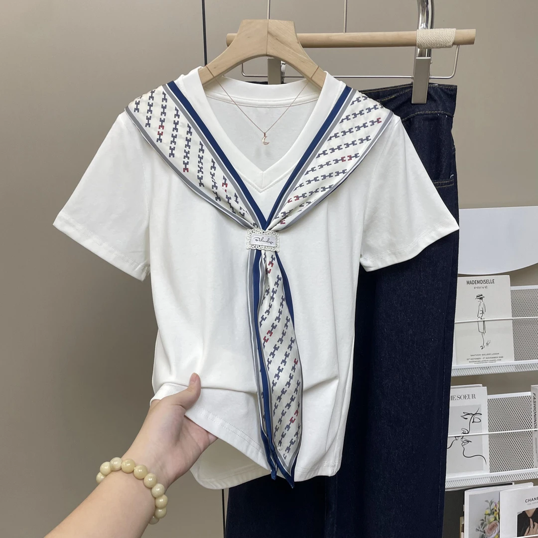 大码胖mm200斤复古chic韩系简约V领丝巾设计感正肩短袖t恤女夏季