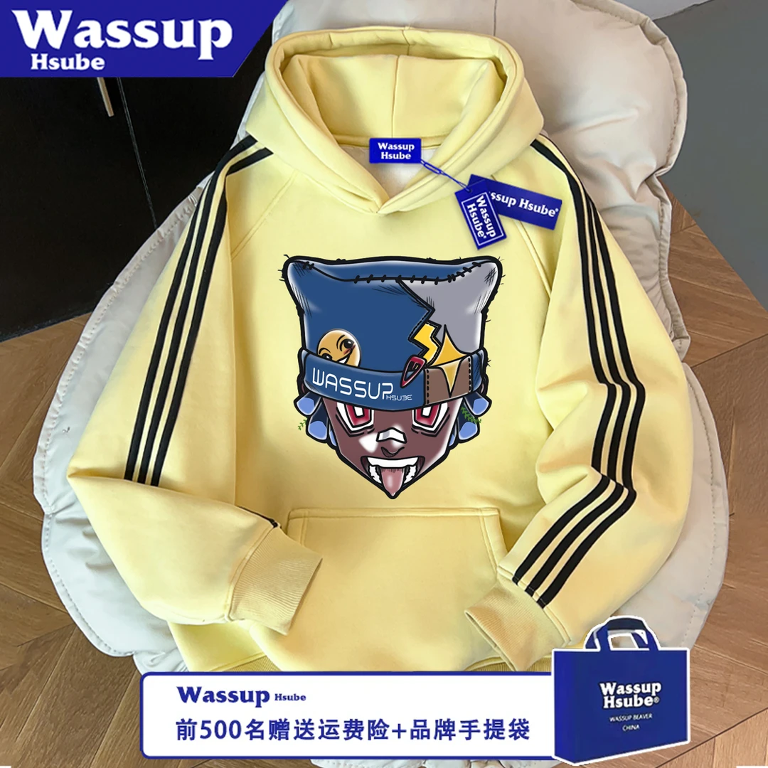 WASSUP HSUBE休闲卡通人像秋冬印花宽松卫衣男女三条杠连帽上衣