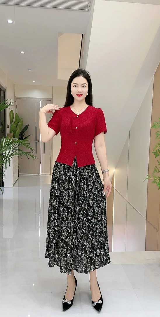 H25802碎花气质夏装夏季半身裙短袖小众高腰复古新中式显瘦女套装