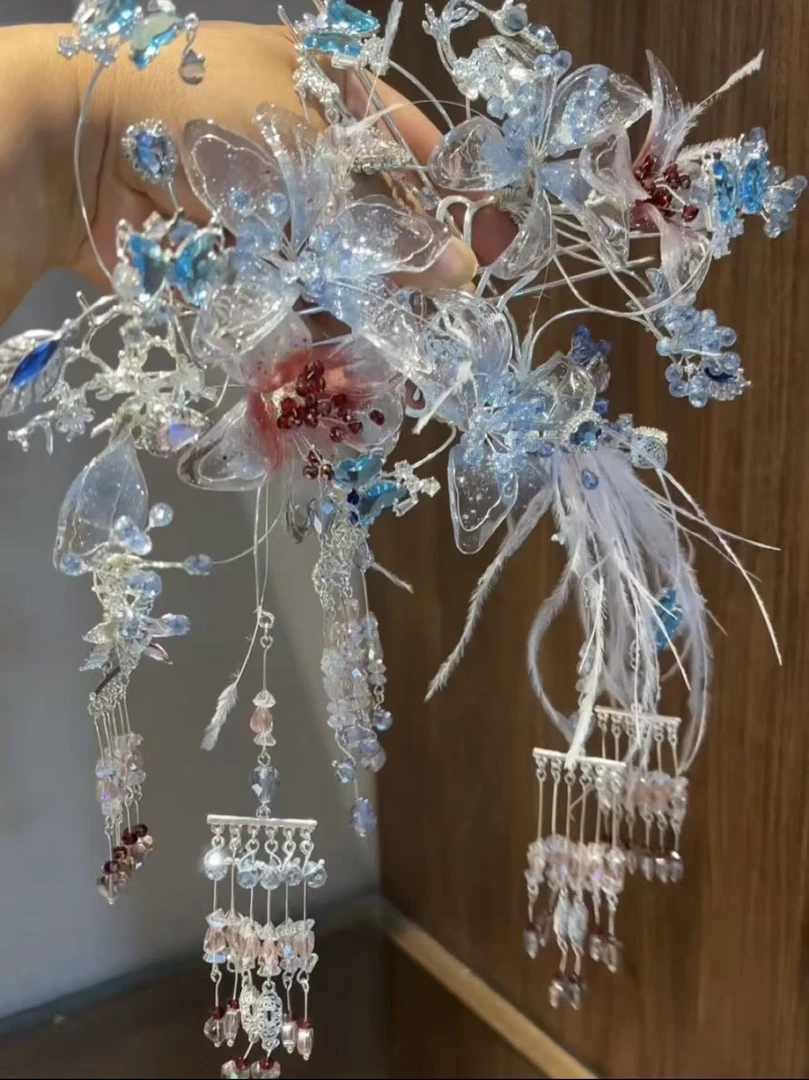 12360·ete重工超仙冰透银蓝中式婚礼秀禾古风新娘结婚头饰