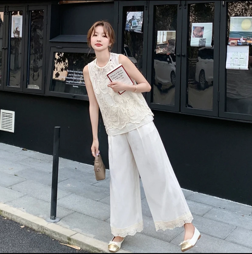 白色蕾丝提花亮片气质背心阔腿裤套女夏季新款装一整套穿搭2561