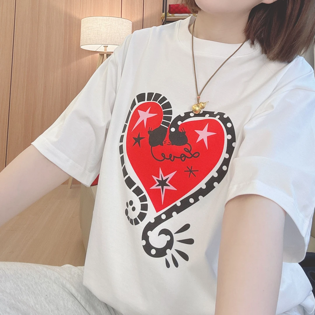 雪姐服饰「爱心T 」卡通短袖小众印花夏装染色T恤百搭夏季刺绣