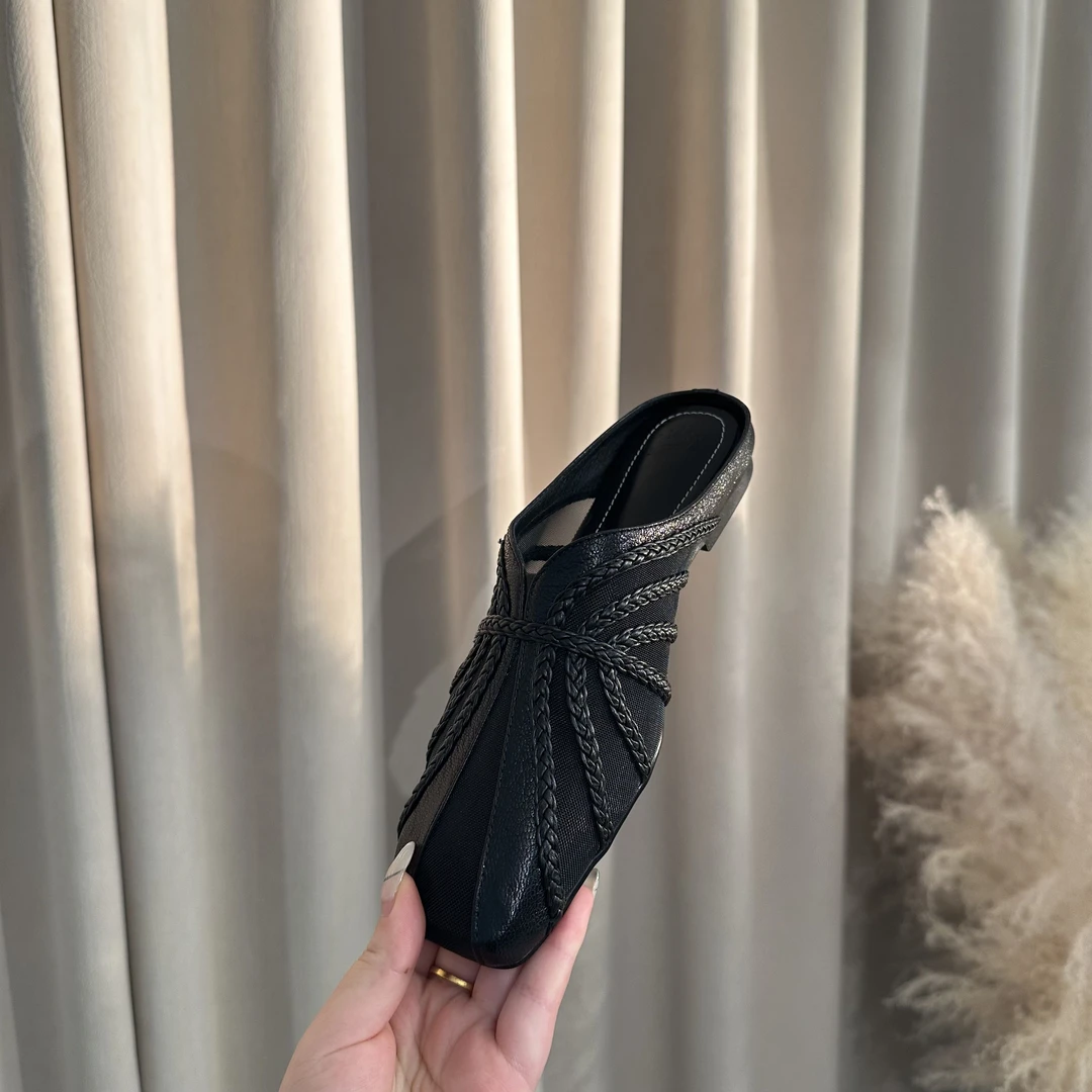 春夏款轻奢简约风编织冰丝网方头粗跟半拖舒适百搭慵懒软底女鞋