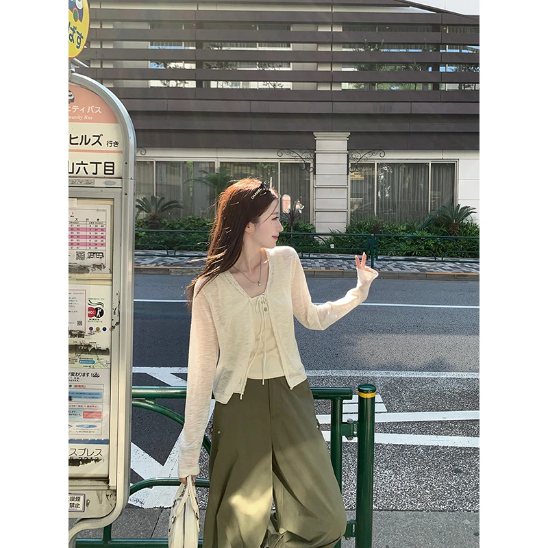 杨杨YANGRUOYU 6/30【云朵白雾】针织开衫女薄款花边防晒外搭罩衫