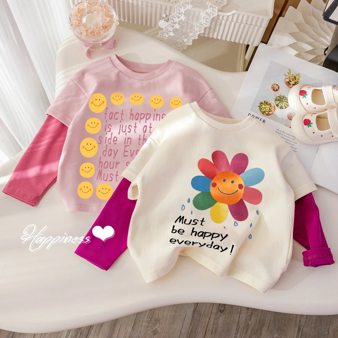 女童春季时尚长袖2025新款儿童春装拼接撞色洋气假两件t恤打底衫