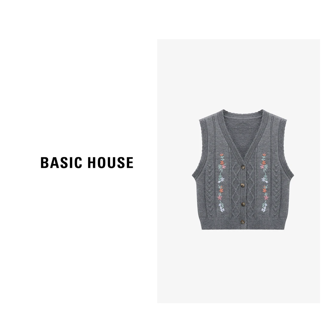 Basic House/百家好早秋慵懒风时尚气质针织提花马甲-B0625B5MRL2