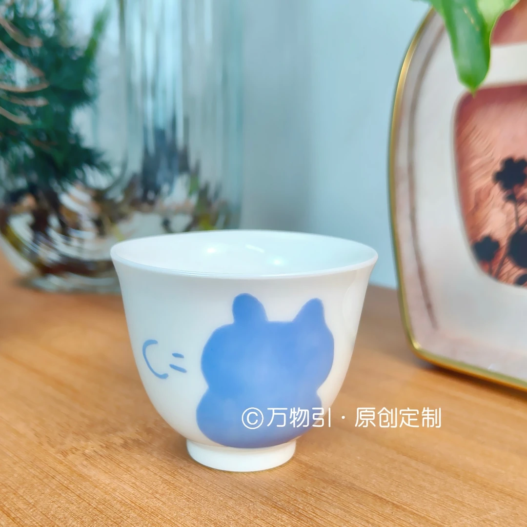 万物引 原创手绘猫咪系列釉下彩创意陶瓷茶杯单杯品茗杯白瓷手工
