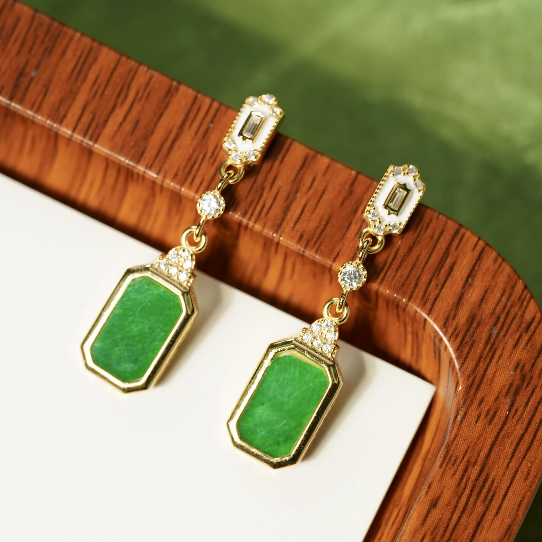 【百年一玉】S925银镀金设计款天然缅甸A货翡翠耳坠-0985