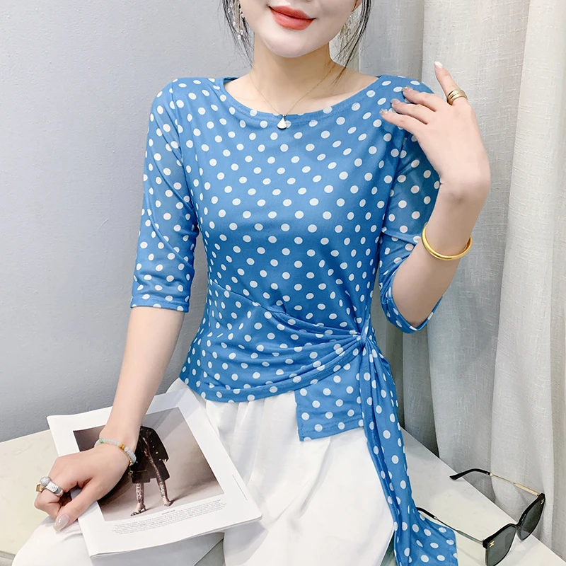 圆领波点中袖网纱T恤2025年夏季新款小众不规则小衫纯色洋气女装
