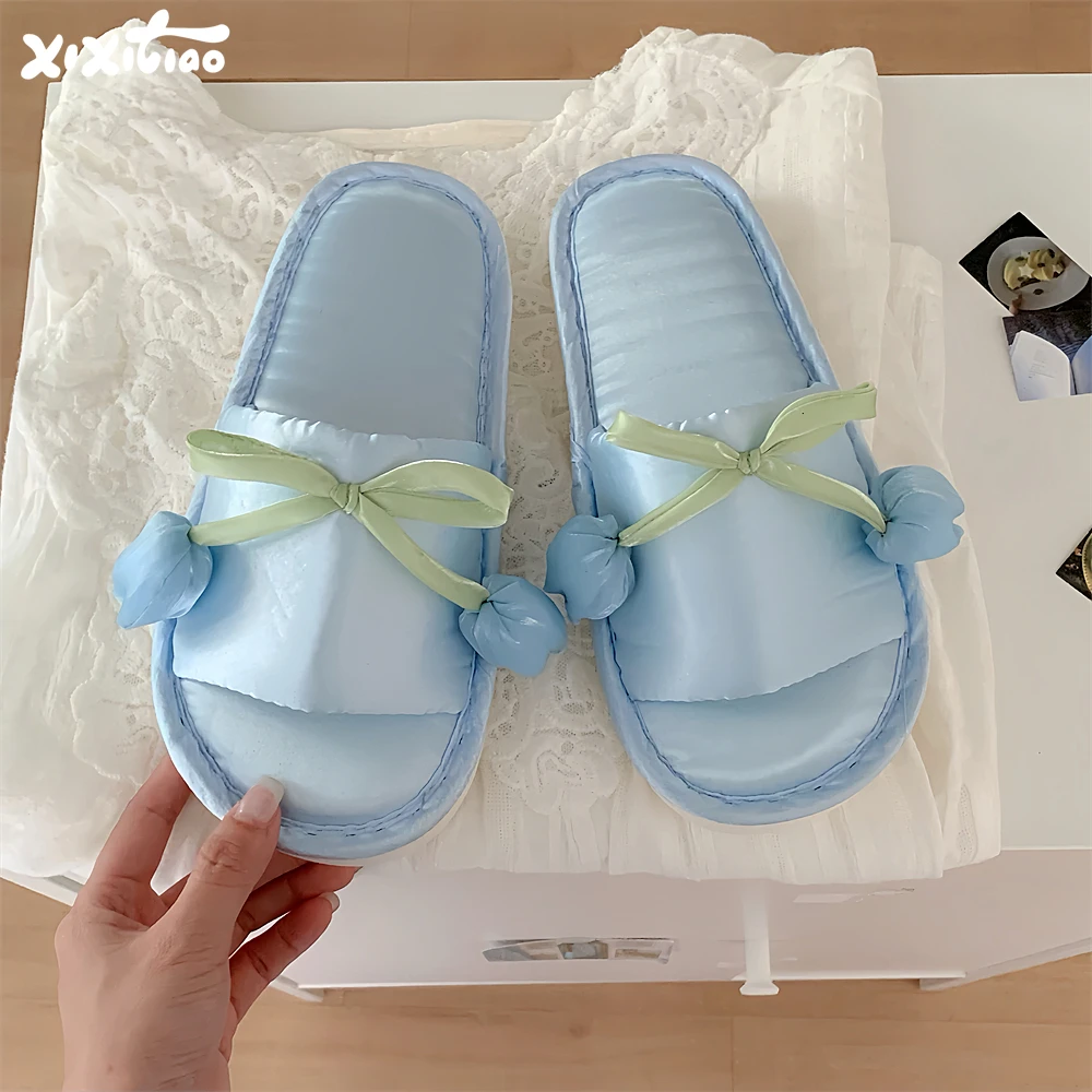 细细条 轻奢绸缎蝴蝶结缎面拖鞋女甜美郁金香四季通用居家地板鞋