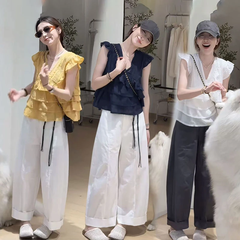 今年流行穿搭一整套2025新款压褶显瘦小飞袖上衣宽松直筒裤两件套