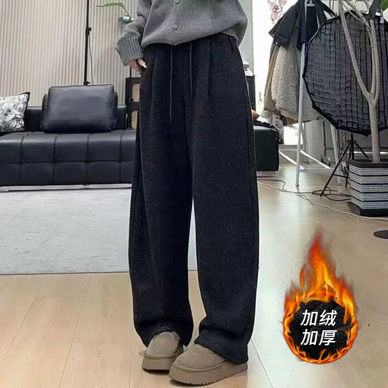 加绒加厚香蕉裤秋冬新款慵懒风保暖阔脚裤女韩版高腰弯刀裤 ZLM