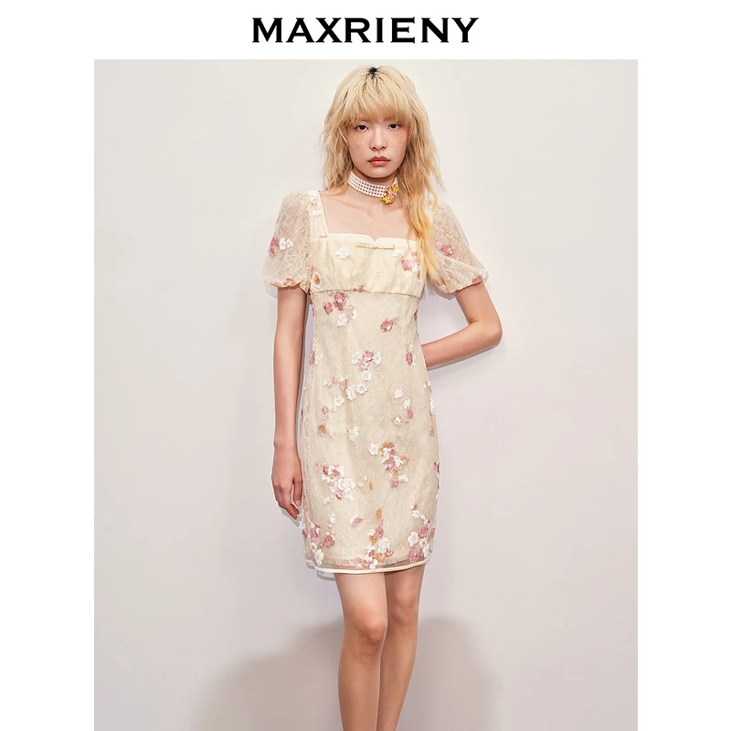 【商场同款新品】MAXRIENY蕾丝钉珠甜美亮片花朵连衣裙2024夏季新品