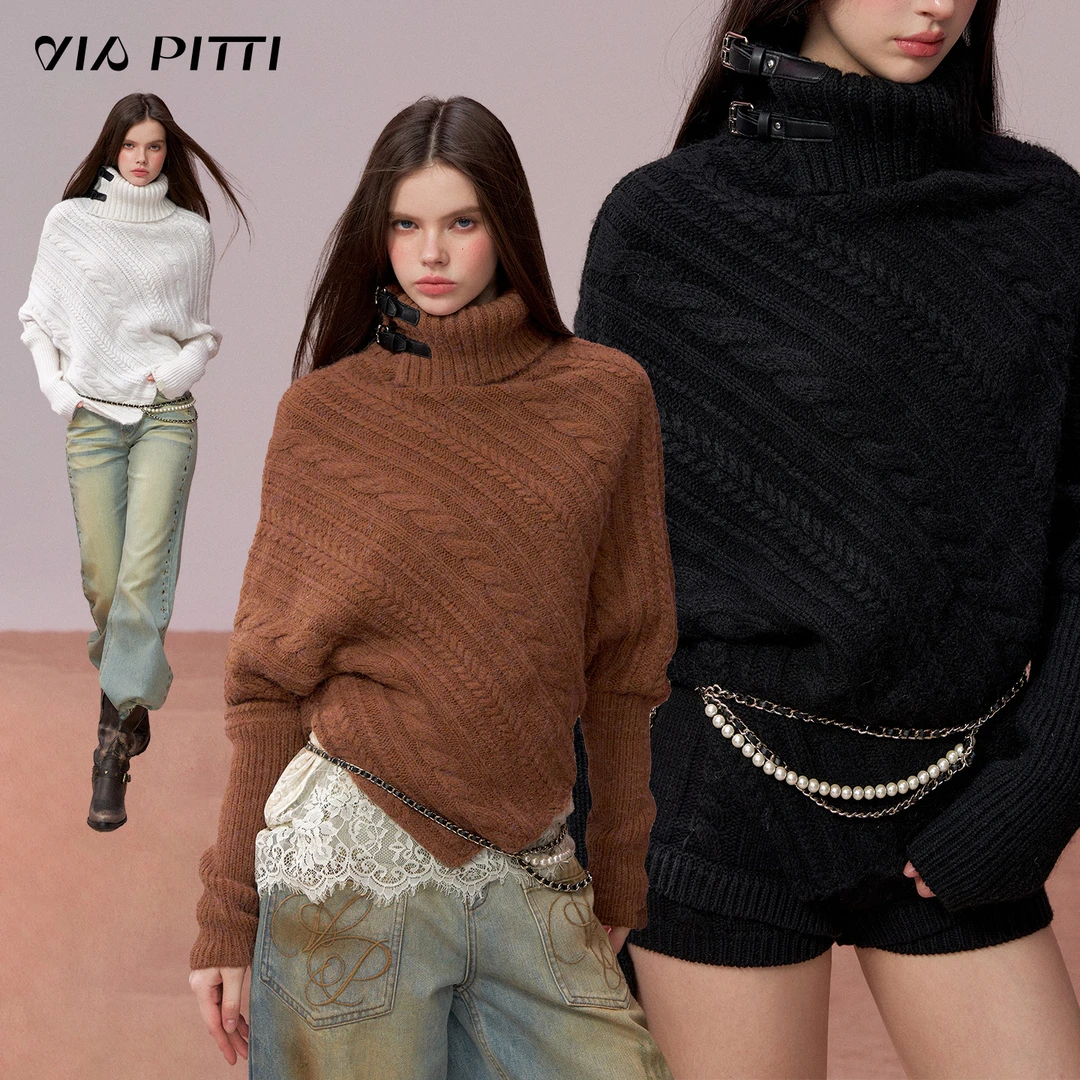 ViaPitti【官方专属】撞色皮扣不规则衣摆斗篷套头针织衫VIADK739