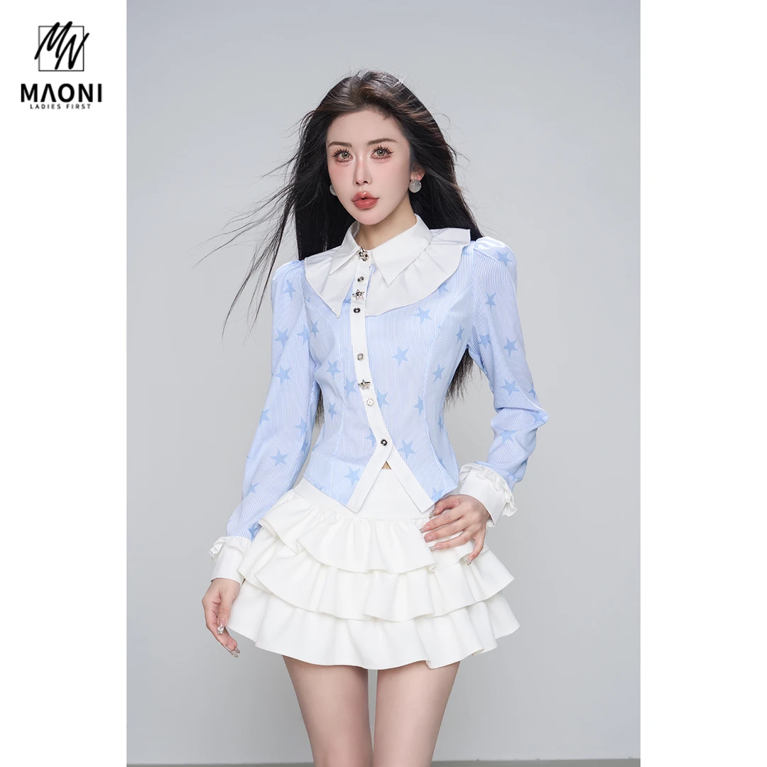 毛妮Peshe【条纹星星衬衫】设计感拼接甜美女小众学院风衬衣春L1478