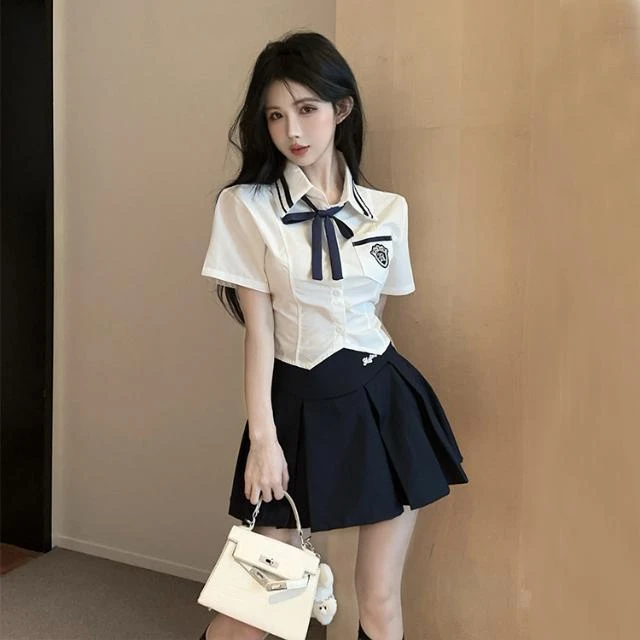 学院风jk制服套装女夏季甜辣短袖衬衫高腰百褶短裙两件套女