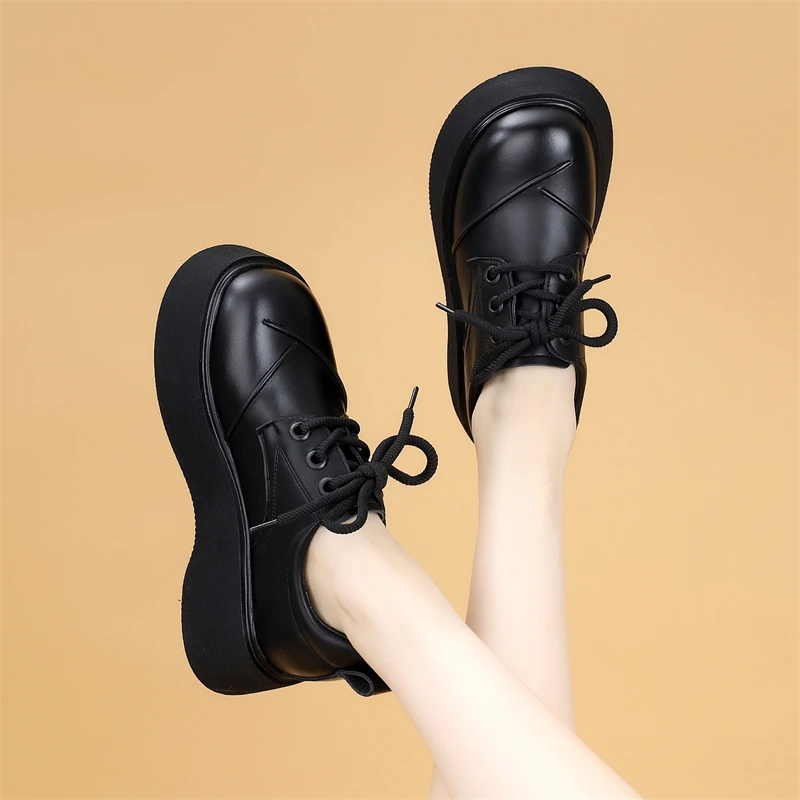 网红厚底增高乐福鞋女2025春季新款真皮系带英伦风舒适小皮鞋单鞋