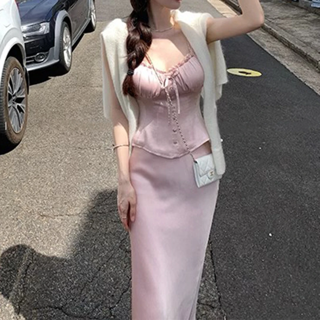 可露丽少女 中古缎面吊带半裙套装女夏修身粉色高级人鱼裙