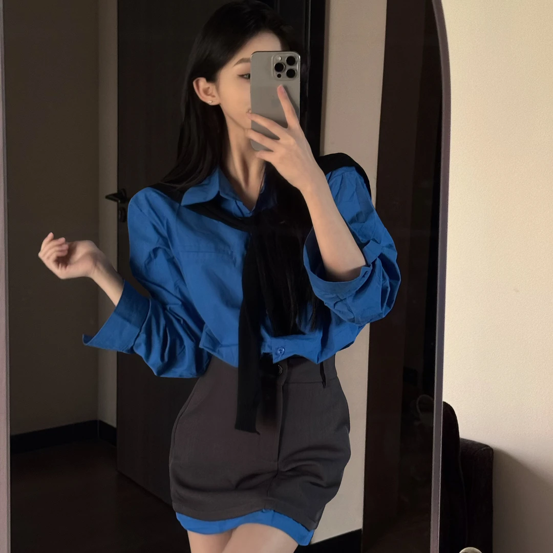 JULY 崎崎 蓝色韩系欧尼衬衫裙坎肩三件套轻熟气质氛围感辣妹套装