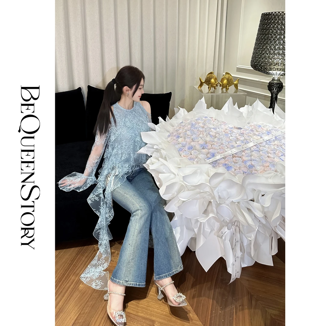 BeQueenStory【艺术画廊】2025新款设计感烫钻渐变高腰微喇牛仔裤