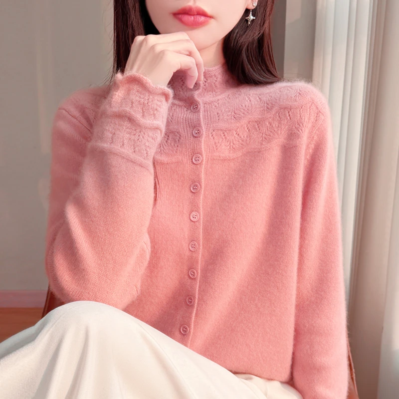轻熟风~100%纯羊毛衫半高领纽扣显瘦洋气新款时尚厚款针织打底衫