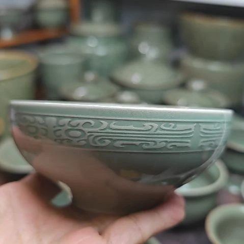 耀州窑老泥料饕餮纹米饭碗四只