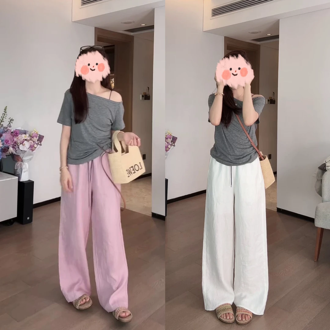 欧货天丝亚麻抽绳松紧高腰垂感休闲慵懒直筒阔腿裤拖地裤小高个子