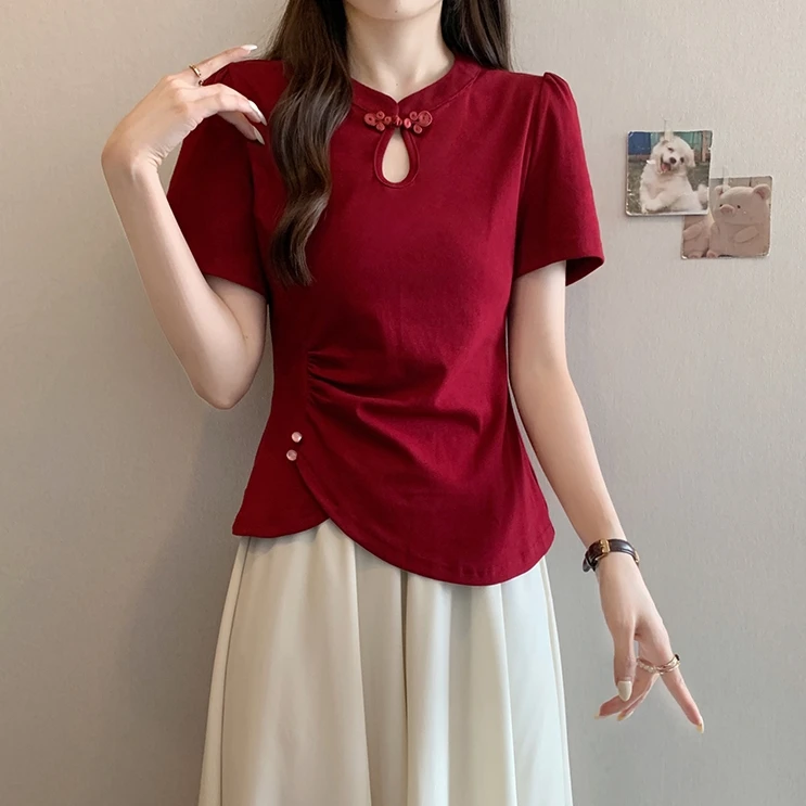 TJ023大码女装2025夏季新款上衣胖MM显瘦短袖设计感新中式盘扣T恤