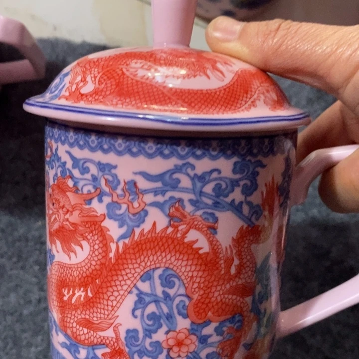 摆件陶瓷红稀土釉里红龙凤直筒办公杯