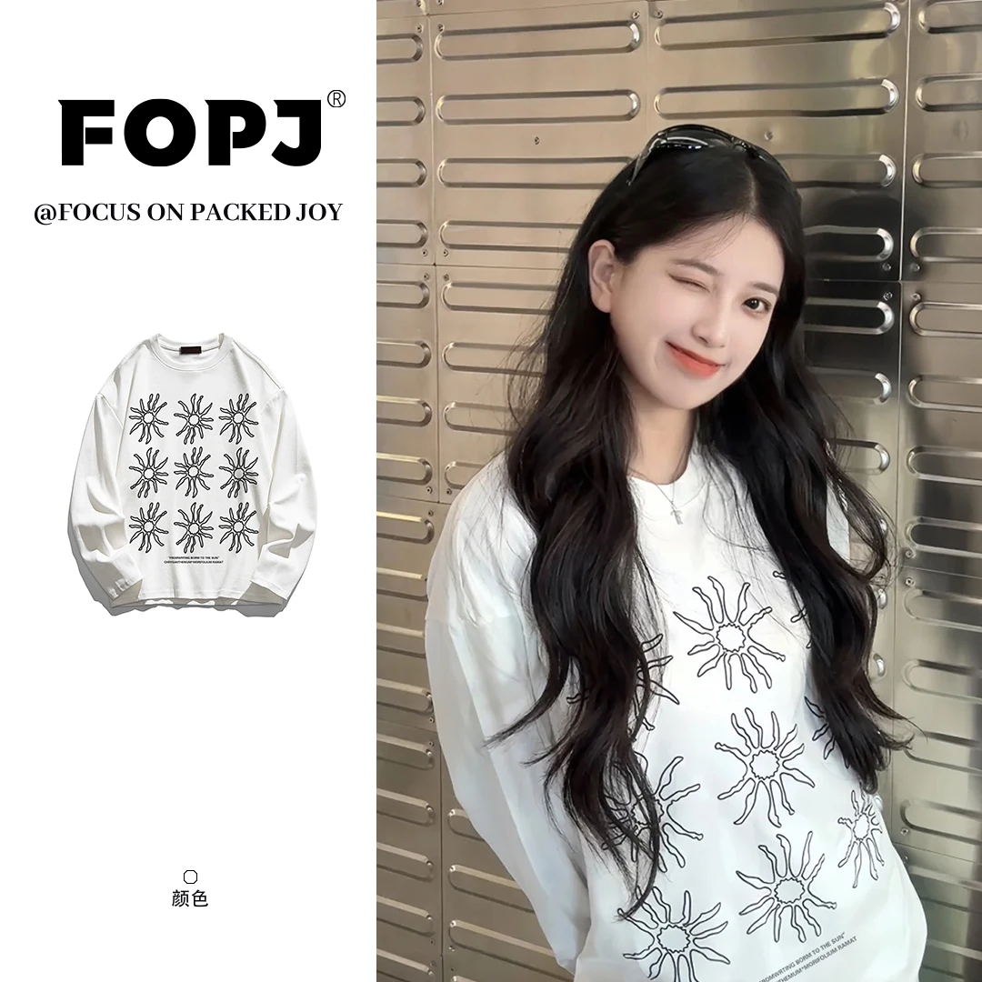 FOPJ慵懒感休闲纯棉长袖T恤女春秋新款设计感复古圆领打底衫上衣