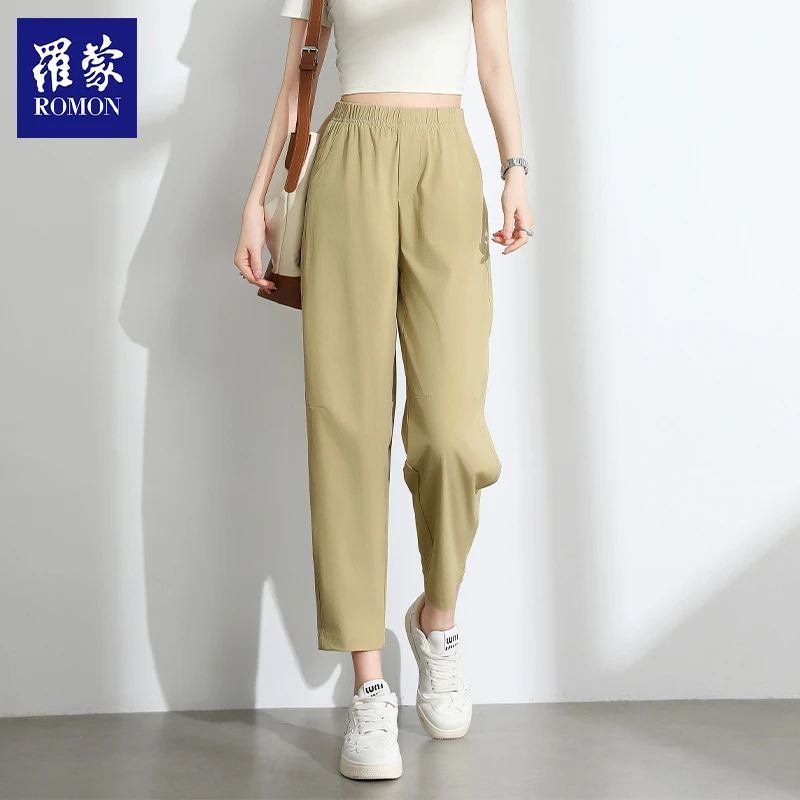 罗蒙夏季清冷系禅意冰感随性纯欲慵懒风森系宽松女装九分格纹裤子