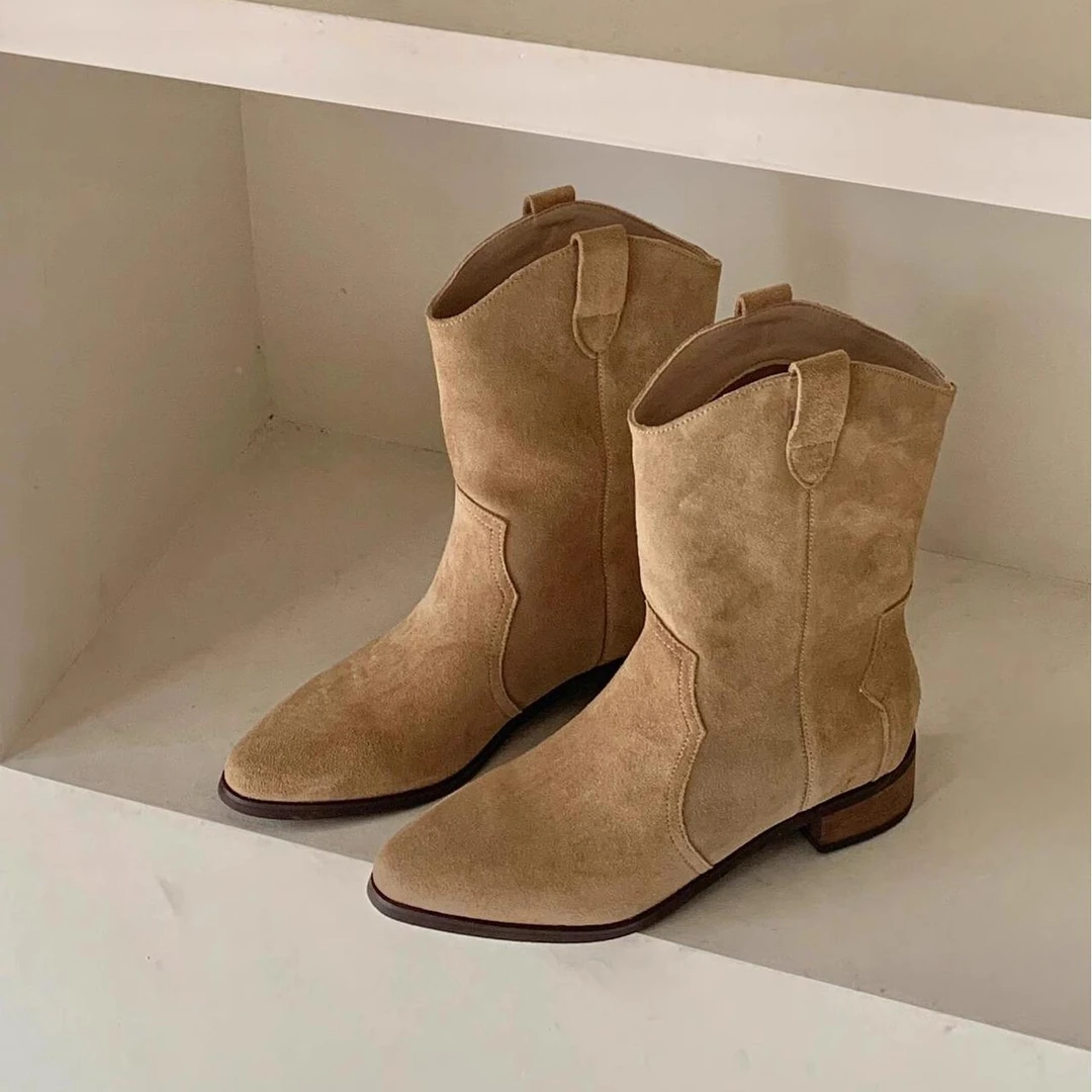 【CBMT旗舰店】韩版小众尖头中筒靴绒面单靴粗跟厚底西部牛仔靴正