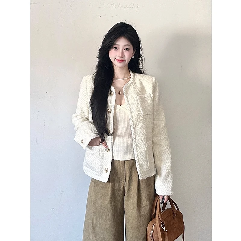 白色粗花呢小香风外套女短款2025春秋新款小个子休闲百搭气质上衣
